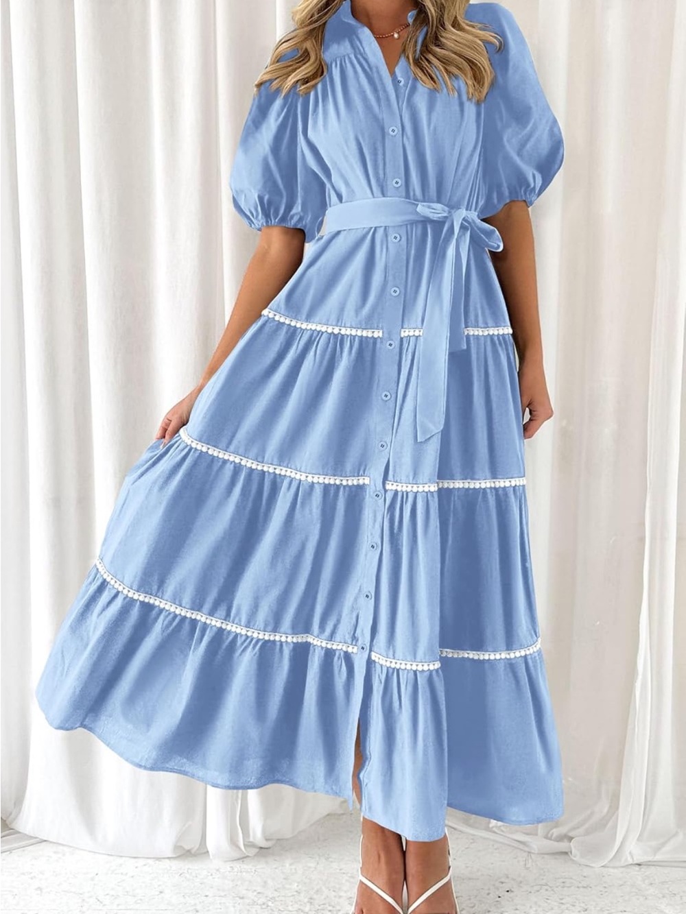 Light Blue Button-Front Midi Dress with Puff Sleeves and Tie Waist
